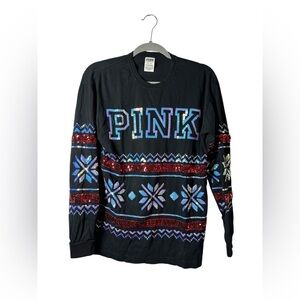 Victoria’s Secret PINK Sequin Holiday Long Sleeve Shirt Black Size XS
